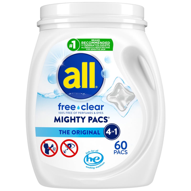 أول منظف ​​الغسيل All Mighty Pacs، شفاف مجانًا للبشرة الحساسة، حوض استحمام، 60 قطعة - Image 1